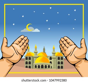 Vector illustration of pair hands in front of mosque at night. Illustration for Islamic theme.