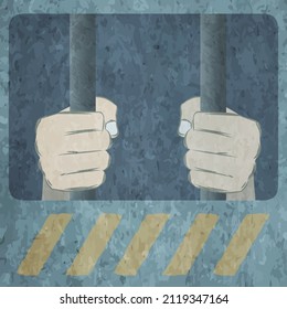 Vector illustration of a pair of hands holding the bars. Concrete walls of a prison cell with yellow markings.