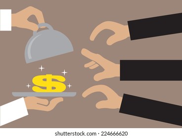 Vector illustration of a pair of hands opening the lid of a metal tray to reveal a sparkling golden dollar sign and many hands reaching to get it. Concept for monetary attraction