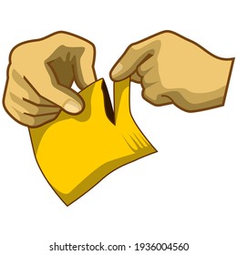 Vector Illustration Of A Pair Of Hands Tearing Apart A Pack Of Sachets.