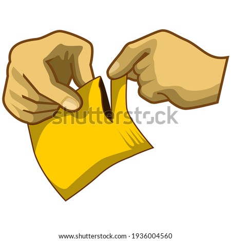 vector illustration of a pair of hands tearing apart a pack of sachets.