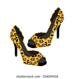 Vector illustration pair of  high heel shoe with animal, leopard pattern. Ladies shoes leopard on a white background