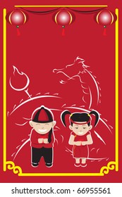 A vector illustration of a pair of kids celebrating Chinese New Year