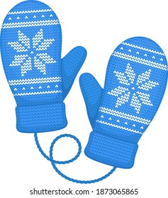Vector illustration of a pair of knitted blue winter mittens with a white snowflake pattern.