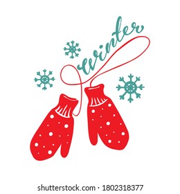 Ilustración vectorial de un par de mitones de Navidad de punto . Invierno. Icono. Postal. Hija. dibujo a mano.
