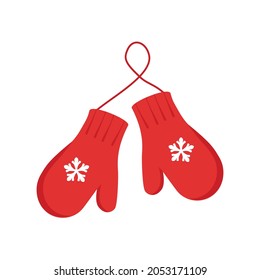 Vector illustration pair of knitted christmas mittens on blue background. Mitten icon. Christmas greeting card with mittens