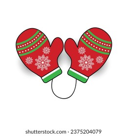 Vector illustration pair of knitted Christmas mittens on white background. Mitten icon. Christmas greeting card with mittens
