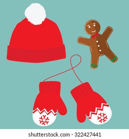 Vector illustration pair of knitted christmas mittens, christmas cookie and red winter hat with pompom on blue background. Christmas greeting card with mittens 