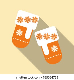 Vector illustration pair of knitted christmas mittens on blue background. Mitten icon. Christmas greeting card with mittens