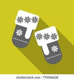 Vector illustration pair of knitted christmas mittens on blue background. Mitten icon. Christmas greeting card with mittens