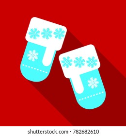 Vector illustration pair of knitted christmas mittens on blue background. Mitten icon. Christmas greeting card with mittens