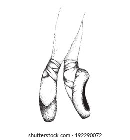 Vector illustration of a pair of legs in ballet shoes, isolated on white, in graphic style - pointillism