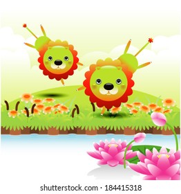 Vector illustration of a pair of lion jumping with place for text 