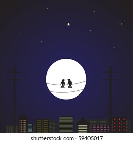 Vector - Illustration of a pair of love birds sitting on a wire pole against a cityscape backdrop