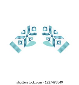 Vector illustration pair of mittens. Knitted mittens with jacquard pattern. Christmas winter mittens on white background.
