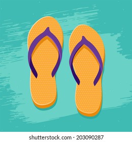 Vector illustration pair of orange flip flops, beach sandals on grunge turquoise background