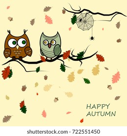 vector illustration with a pair of owls on a branch, acorns, oak leaves and a cobweb. With the inscription of happy autumn