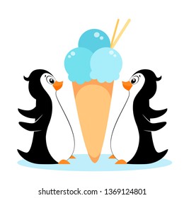 Vector illustration of a pair of penguins with ice cream