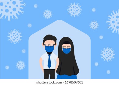 Vector illustration a pair of people are staying at home to stop the spread of the corona virus from outside the home. Flat design.