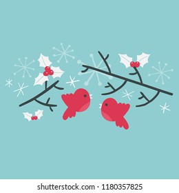 Vector illustration of a pair of red Christmas robins with snowflakes and holly leaves and branches