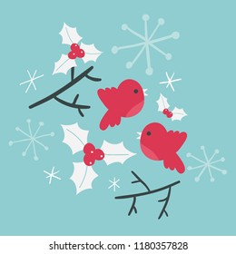 Vector illustration of a pair of red Christmas robins with snowflakes and holly leaves and branches