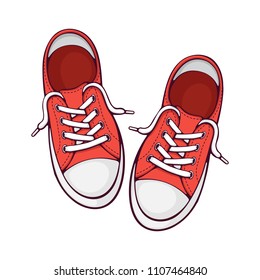 Vector Illustration. Pair Red Textile Sneaker With Rubber Toe And Loose Lacing. Hand Drawn Print With Contour. Shoes Of Modern Teenagers Skaters. Isolated On White Background