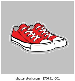 Vector illustration. Pair red textile sneaker. Hand drawn. Shoes of modern teenagers skaters. Isolated on background
