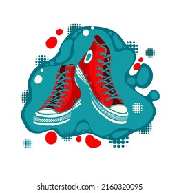 Vector illustration. Pair red textile sneaker with rubber toe and loose lacing. Hand drawn print with contour. Shoes of modern teenagers skaters.