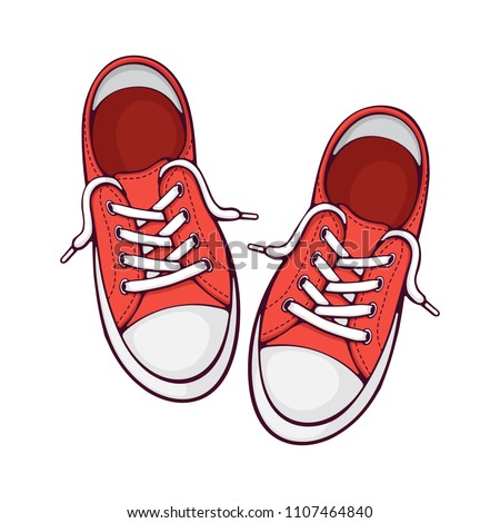 Vector illustration. Pair red textile sneaker with rubber toe and loose lacing. Hand drawn print with contour. Shoes of modern teenagers skaters. Isolated on white background