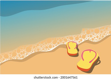 ilustración vectorial de un par de sandalias en la playa con olas moderadas en verano, para la plantilla de pancartas y afiches