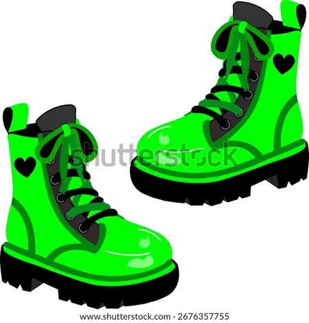 Vector illustration with a pair of shoes in bright neon lime color, black laces, heart on the side. Rocker, punk, emo style 