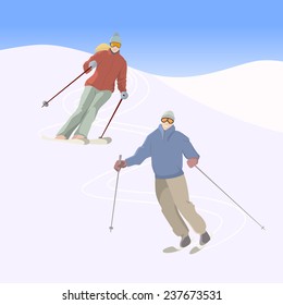 Vector illustration of a pair of skiers on downhill. Winter recreational activities and sport illustration. Advertising design elements.