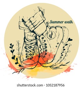 Vector illustration pair of sneakers in the circle with splashes and with summer walk letter. Made in grunge style urban seasonal fashionable sketch painting