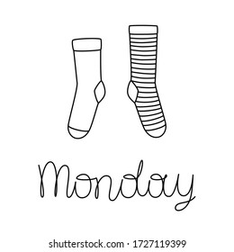 Vector illustration of pair of socks with lettering Monday. Weekly socks. Different socks in pair.