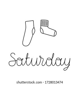 Vector illustration of pair of socks with lettering Saturday. Weekly socks. Different socks in pair.