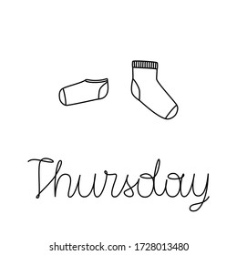 Ilustración vectorial de un par de calcetines con letras el jueves. Calcetines semanales. Diferentes calcetines en pareja.