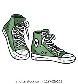 Vector illustration. Pair of textile hipster sneakers with rubber toe . Hand drawn print with contour.