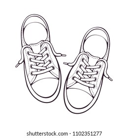 Vector illustration  Pair textile sneaker and rubber toe   loose lacing  Hand drawn doodle  Shoes modern teenagers skaters  Cartoon sketch  Isolated white background