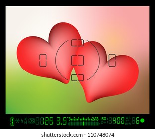 vector illustration of pair of valentine heart in camera SLR viewfinder shots