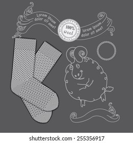 Vector illustration of a pair of warm knitted socks and ram horns sheep, scrolled banner and round label