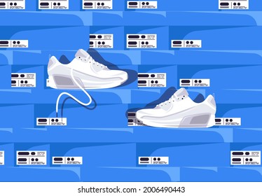 vector illustration of a pair of white sneakers against the background of a large number of blue boxes, a warehouse or a storage place for sports shoes