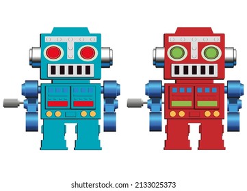 vector Illustration pair of wind up toy robots red and blue