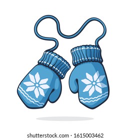 Vector illustration. Pair of wool winter mittens with pattern. Gloves for cold weather. Graphic design with contour. Clip-art print for showcase, greeting card. Isolated on white background
