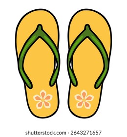 A vector illustration of a pair of yellow flip-flops with green straps and peach-colored flowers, showcasing a summery and playful design ideal for beach-themed projects.