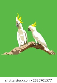 vector illustration of pair a yellow-crested cockatoo on a tree branch