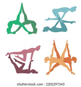 Ilustración vectorial. Par yoga. Un conjunto de siluetas de poses de yoga de niñas con rendimiento sincrónico