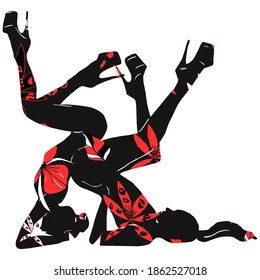 Vector Illustration of a pair of young girls in high heels, black silhouette with abstract flowers. Element, preparation for designers, logo, icon