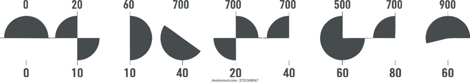 Vektorgrafik von gepaarten halbkreisförmigen Diagrammen mit numerischen Werten, die das Layout der vergleichenden Datenvisualisierung zeigen