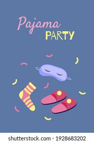 Vector illustration for pajama party  in cartoon style. Bright template for poster, invitation or card on a blue background with socks slippers and sleep mask