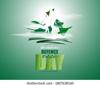 Vector Illustration Of Pakistan Defence Day, 6th September, Pakistan Flag, Soldier With Rifle And Helmet, Airforce Craft And Army Tank.